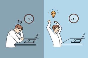 Frustration or innovation in business concept. Stressed man in doubt with question in head and happy worker with great idea sitting in office creating ideas vector illustration