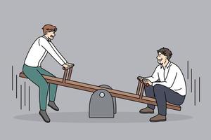 Business rivalry and competition concept. Two businessmen opponents sitting riding on swings trying to outweight one another vector illustration