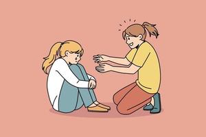Empathy and support friend concept. Smiling small girl sitting trying to comfort her crying sad depressed friend sitting embracing heels vector illustration