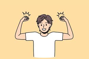 Strength and showing power concept. Smiling positive boy wearing white t-shirt standing and showing strong sport biceps feeling cheerful vector illustration