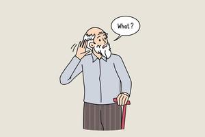 Bad hearing of elderly people concept. Aged old man standing and trying to hear asking what with lettering touching ear vector illustration