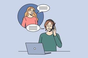 atención al cliente y concepto de servicio. mujer sonriente con auriculares y portátil sentada trabajando ayudando a una clienta a comunicarse hablando de problemas ilustración vectorial vector