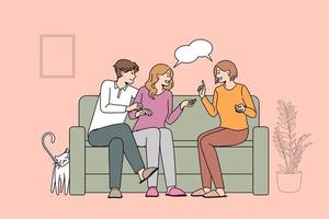 Meeting with friends and leisure concept. Smiling people couple and their girl friend sitting on sofa together discussing things at home vector illustration