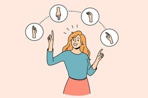 Hand language and gesture concept. Young smiling woman standing choosing between various finger signs above pointing with finger vector illustration