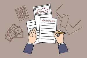 Business plan and microfinance concept. Top view and flat-lay of businessman hands making notes on microfinance plan strategy development counting expenses on table vector illustration