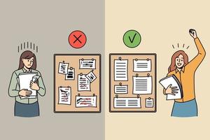 Complete and failure tasks at work concept. Sad stressed woman standing at board with not finished or lost tasks and happy worker enjoying complete duties vector illustration