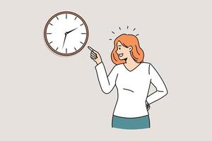 Time management and deadlines concept. Young smiling woman standing and pointing at time on wall watch clock feeling positive vector illustration