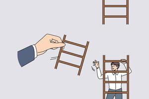 Helping hand and support concept. Human hand helping young businessman giving missing piece of ladder for climbing up achieving goals targets vector illustration