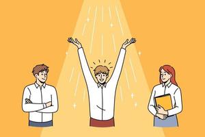 Business success and enlightenment concept. Group of three business people colleagues standing with golden light with stars going from above meaning success and development vector illustration