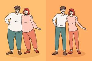 Various family figure state concept. Young smiling fat overweight and slim sporty fit couple standing hugging each other feeling positive vector illustration