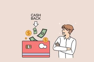Getting cash back money concept. Smiling man standing and looking at huge credit card getting cash back profit money having income vector illustration