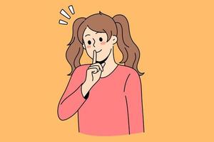 concepto de silencio y lenguaje gestual. niña sonriente de pie mostrando un gesto silencioso con el dedo de la mano sobre la boca cerrada pidiendo calma ilustración vectorial vector