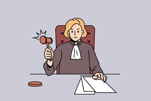 Working as judge in court concept. Serious woman judge sitting and processing sitting trial with official papers finishing process vector illustration