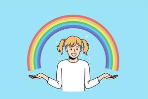 Enjoying natural rainbow colors concept. Small smiling girl standing and showing colorful rainbow with two hands over blue air background vector illustration