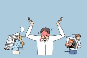 Angry furious job boss concept. Shouting red aggressive angry man director standing with hands raised and kicking out workers with heaps of documents vector illustration