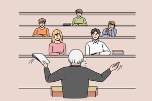 Education process and university concept. Grey haired professor standing backwards and making lecture presentation for young students in class vector illustration