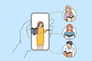 Online education and lesson concept. Young woman teacher explaining material of lesson to children learning online on smartphones vector illustration