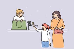 Family shopping and paying with card concept. Smiling daughter and mother paying with card during shopping together in store vector illustration