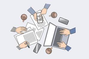 Teamwork technologies and brainstorm concept. Flat-lay of human colleagues hands making notes working on laptop and using phone for business vector illustration