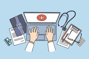 Online healthcare and telemedicine concept. Top view and flat-lay of doctors hands whiting online during virtual meeting consultation with patient vector illustration