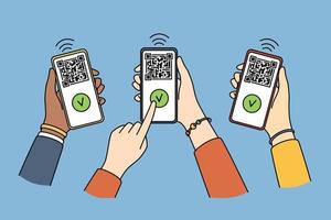 Scanning qr codes and technologies concept. Top view of human hands holding smartphones and scanning qr codes on screens vector illustration