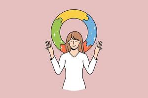 equilibrio de armonía y concepto de integridad personal. mujer sonriente con los ojos cerrados de pie sintiendo equilibrio con círculo colorido en la ilustración de vector de fondo