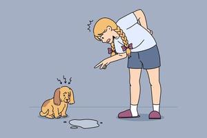 Training and dogs commands concept. Angry small girl standing and swearing little puppy with pee on floor feeling upset and guilty vector illustration