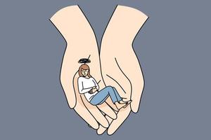 Helping hand and depression concept. Human hands holding sad depressed tine sad girl having heavy thoughts in hand thinking vector illustration