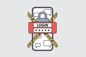 Personal identification and safety concept. Smartphone screen with login password and stop signs crossing it with lock and chat messages in application vector illustration