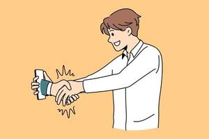 Online deal and handshake concept. Smiling man worker businessman standing and shaking hand online with unknown person hand from screen vector illustration