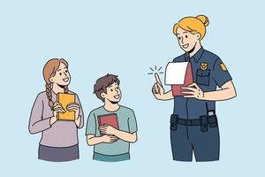 concepto de policía de educación y aprendizaje. niños sonrientes parados con cuadernos y mirando a la mujer policía diciéndoles reglas y enseñando ilustraciones vectoriales vector