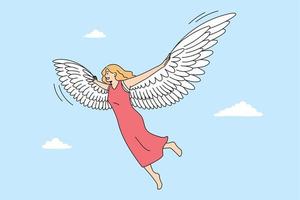 Freedom imagination and flight concept. Smiling blonde woman barefoot flying levitating in air in dress with angel or bird wings on back feeling free in sky vector illustration