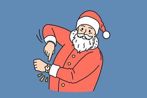 concepto de vacaciones de navidad y año nuevo. santa claus sonriente con traje rojo tradicional y gorra de pie y apuntando con el reloj de la mano que significa año nuevo que viene ilustración vectorial vector