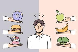elegir el estilo de vida y el concepto de dieta. joven frustrado de pie tratando de elegir entre alimentos vegetarianos sanos y equilibrados y la ilustración de vector de comida rápida