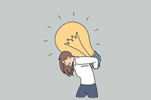 Business development strategy and business concept. Young businesswoman carrying huge light bulb on back feeling heavy trying to overcome difficulties vector illustration