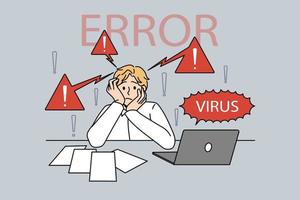 virus y error en el concepto de computadora portátil. hombre trabajador confundido estresado sentado y con un virus de error de problema en la ilustración de vector de computadora portátil