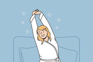 sentirse positivo en el concepto de la mañana. joven mujer rubia sonriente relajada en ropa de casa sentada estirándose en la cama después de la noche ilustración vectorial vector