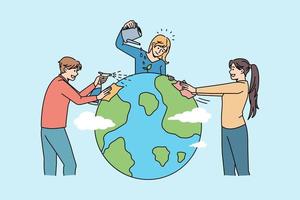 conversación ecológica y concepto de medio ambiente. grupo de jóvenes voluntarios de pie regando el planeta tierra juntos cuidando la ecología ilustración vectorial vector