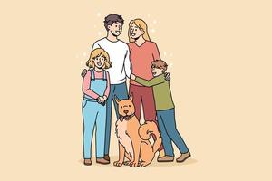 concepto de familia feliz y mascotas. sonriente amoroso padre de familia madre e hijos de pie abrazándose unos a otros con su perro durante la ilustración de vector de caminata