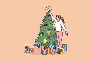 Decorating and preparing for winter holidays concept. Smiling girl standing decorating Christmas tree and collecting New year presents in colorful boxes vector illustration