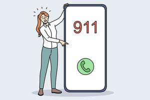 Emergency call and sos concept. Smiling woman standing near huge smartphone pointing at screen with 911 emergency green button call vector illustration