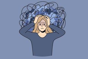Chaos and mess in mind concept. Frustrated young stressed girl standing touching head having messy thoughts and no clearance in mind vector illustration
