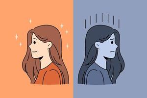 concepto de buen o mal humor. retratos de perfil de una niña feliz positiva sonriente y deprimida sombría con pensamientos negativos ilustración vectorial vector