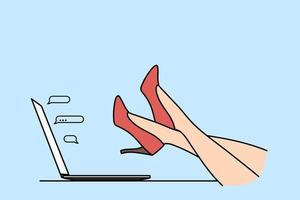 Elegance and fashion on work concept. Foot in high red heel shoes relaxing on laptop keyboard with chat bubbles from screen vector illustration