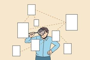 Searching for information and strategy concept. Young serious businessman standing and looking at various papers official document with magnifier searching for information vector illustration