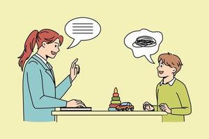 Communication and learning class concept. Young smiling woman teacher standing and talking to small boy teaching him during class vector illustration