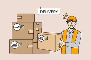 Parcel delivery and cargo concept. Smiling man worker in cap and uniform standing with heap of parcels boxes delivery transportation carrying to customer vector illustration