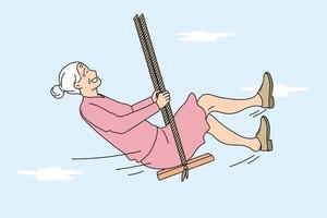 Happy lifestyle of elderly people concept. Smiling positive grey haired woman riding on swings feeling freedom and happiness like child vector illustration