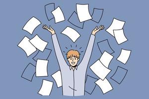Time management success and development concept. Smiling positive man worker standing in heap of flying papers documents with raised hands feeling excited vector illustration