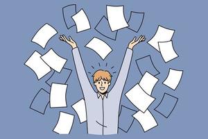 Time management success and development concept. Smiling positive man worker standing in heap of flying papers documents with raised hands feeling excited vector illustration